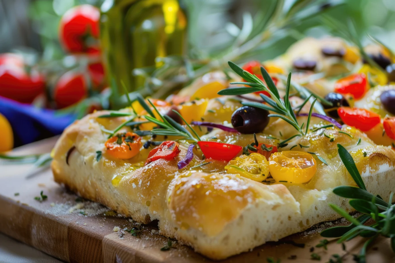 W Camogli zjesz najlepszą foccacię genueńską Gruba focaccia posypana kolorowymi pomidorkami, oliwkami, czerwoną cebulą i świeżym rozmarynem, polana oliwą z oliwek.