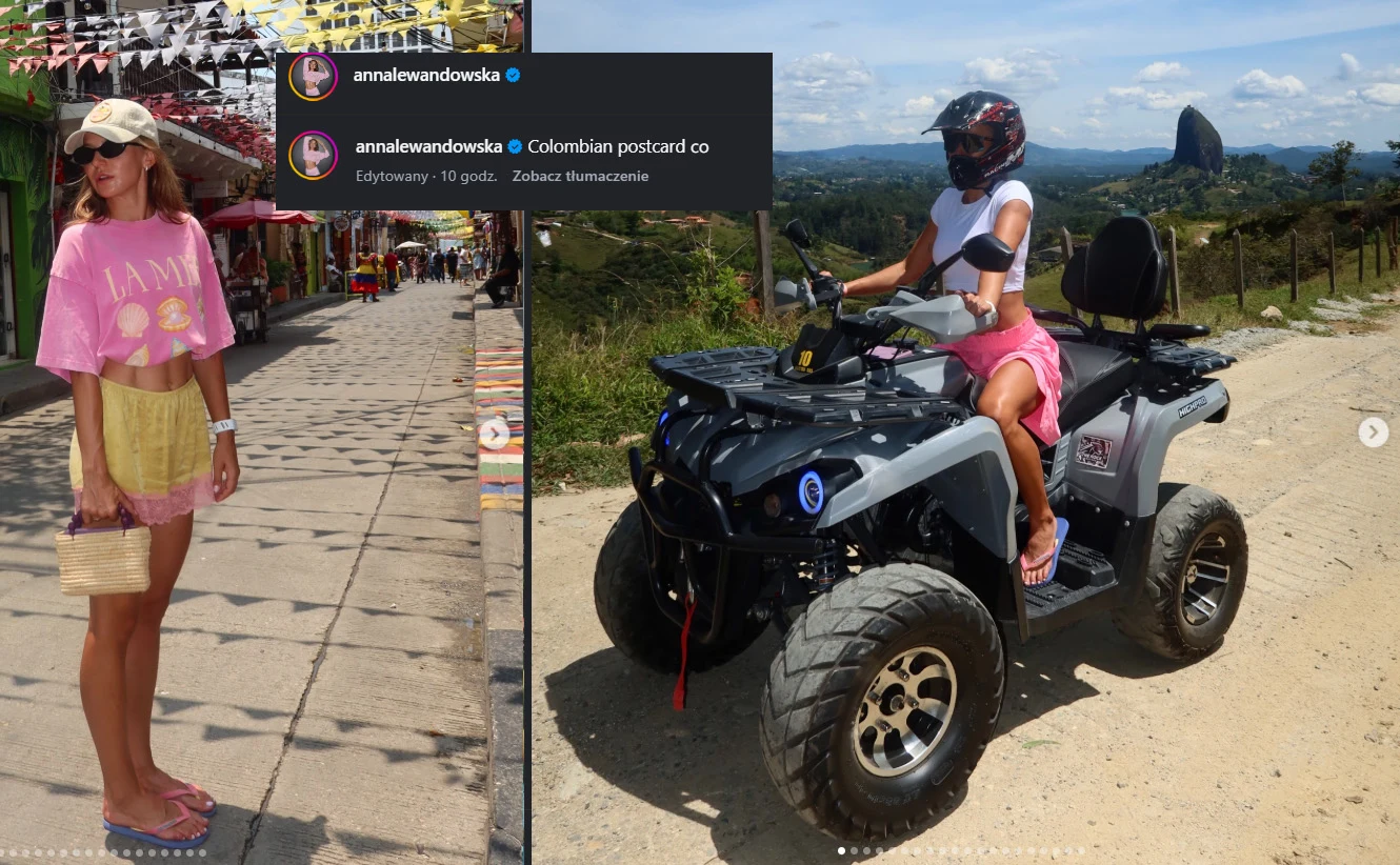 Kobieta w jasnej, letniej stylizacji stojąca na deptaku wśród kolorowych ulicznych dekoracji oraz ta sama osoba siedząca na quadzie na tle górskiego krajobrazu.