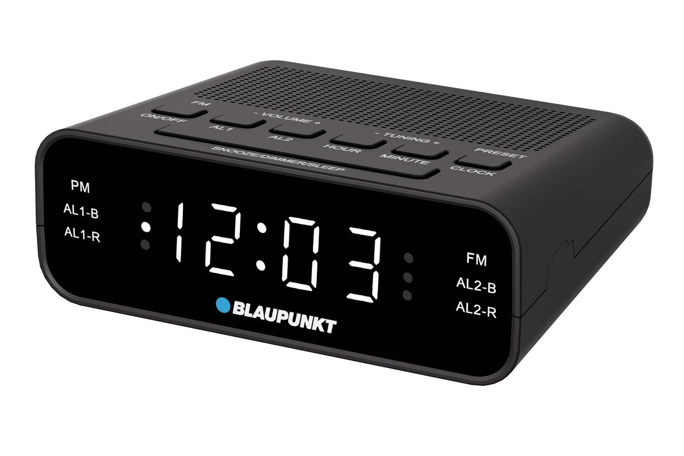 Radiobudzik Blaupunkt CR1BK za 49,99 zł Czarny radiobudzik marki Blaupunkt z dużym, elektronicznym wyświetlaczem LED oraz widocznymi przyciskami sterującymi na górnej części obudowy.