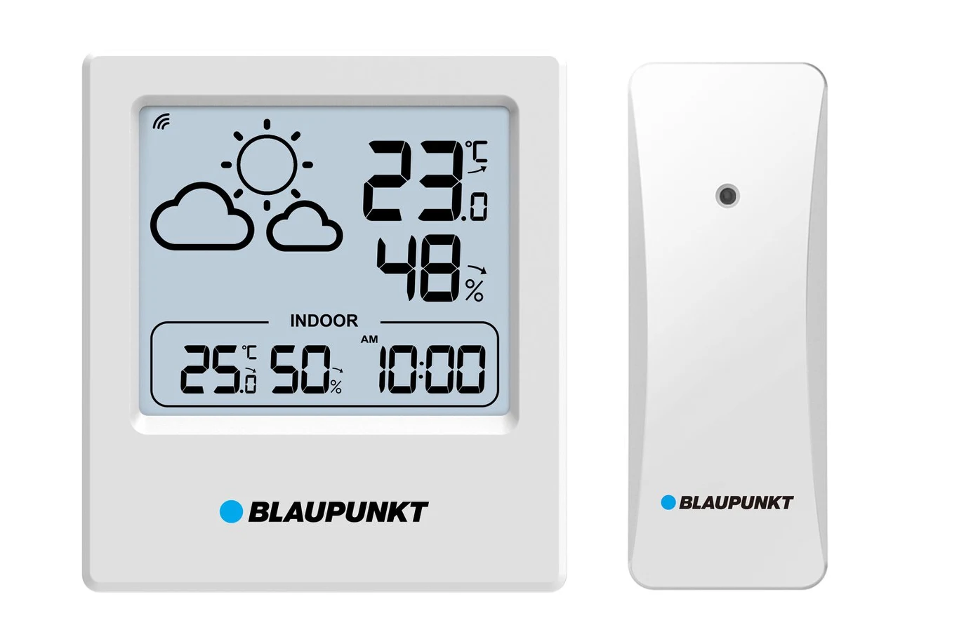 Stacja pogodowa Blaupunkt za 69,90 zł. Cyfrowa stacja pogodowa Blaupunkt z wyświetlaczem prezentującym temperaturę zewnętrzną i wewnętrzną, wilgotność powietrza oraz aktualny czas, obok bezprzewodowy czujnik z logo Blaupunkt.