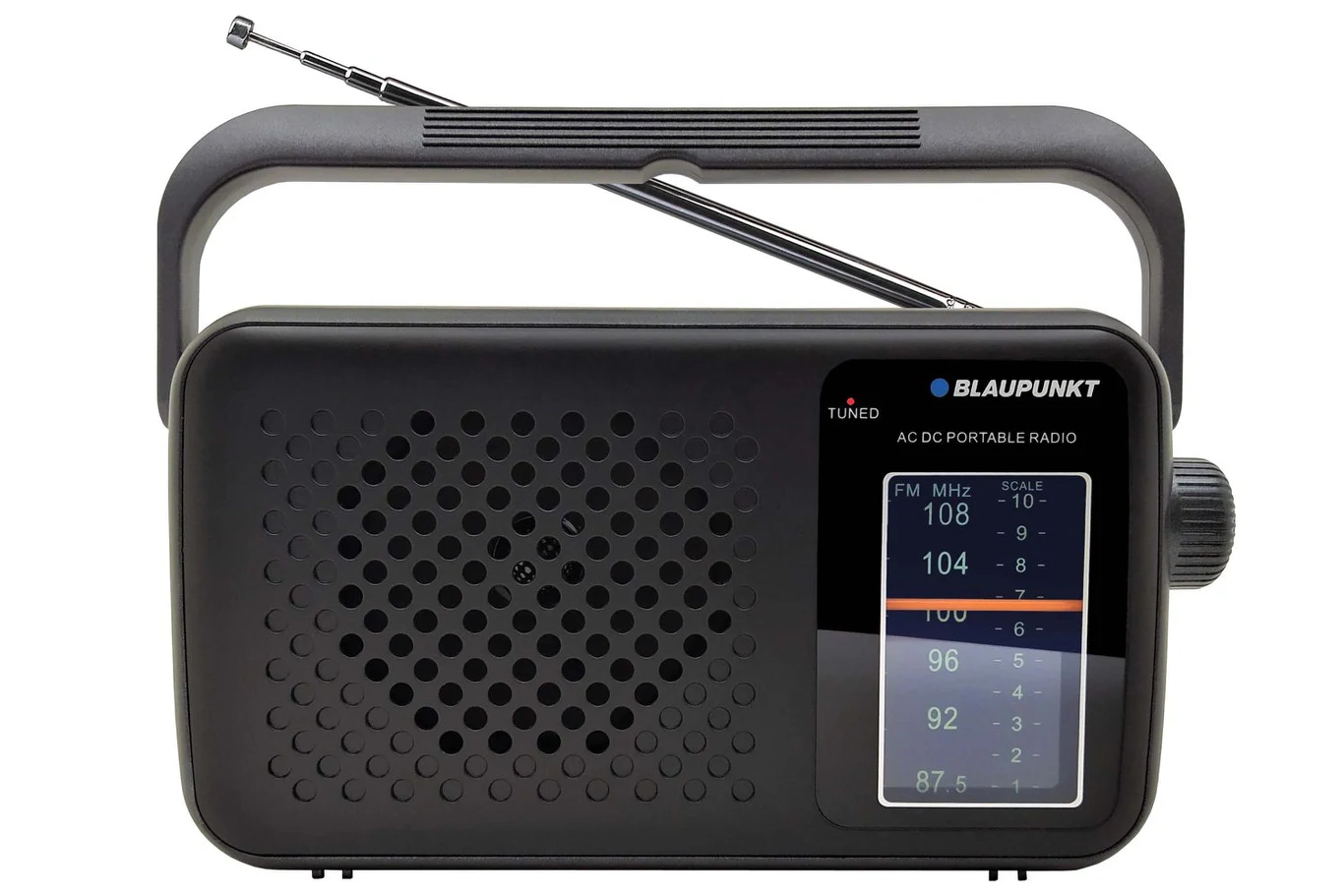 Przenośne radio Blaupunkt za 99 zł Czarne, przenośne radio Blaupunkt z wysuwaną anteną, dużym pokrętłem z boku oraz czytelną skalą częstotliwości na panelu przednim.