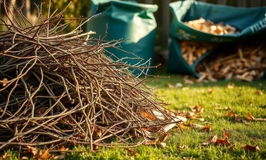 Stos ściętych gałęzi na trawniku przygotowany do rozdrobnienia