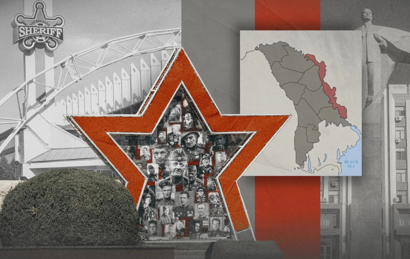 Czym jest Naddniestrze? Grafika: Magdalena Piasecka Czerwona gwiazda z umieszczonymi w środku czarno-białymi portretami, mapa z zaznaczonym obszarem oraz fragment stadionu z napisem 'Sheriff' i pomnik w tle.