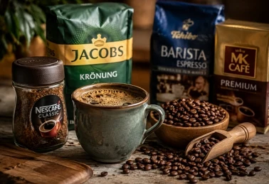 Opakowania kaw Jacobs Krönung, Tchibo Barista Espresso i MK Café Premium oraz słoik Nescafé Classic obok kubka kawy i miski ziaren 