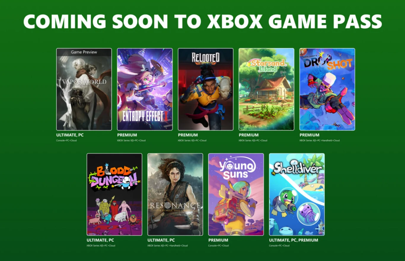 Xbox Game Pass na drugą połowę sierpnia. Uczta dla graczy! Okładki ośmiu gier komputerowych z nazwami i podziałem na wersje dostępne w Xbox Game Pass na zielonym tle, pośród tytułów m.in. Entropy Effect, The Swordsman X: Survival oraz Young Souls.