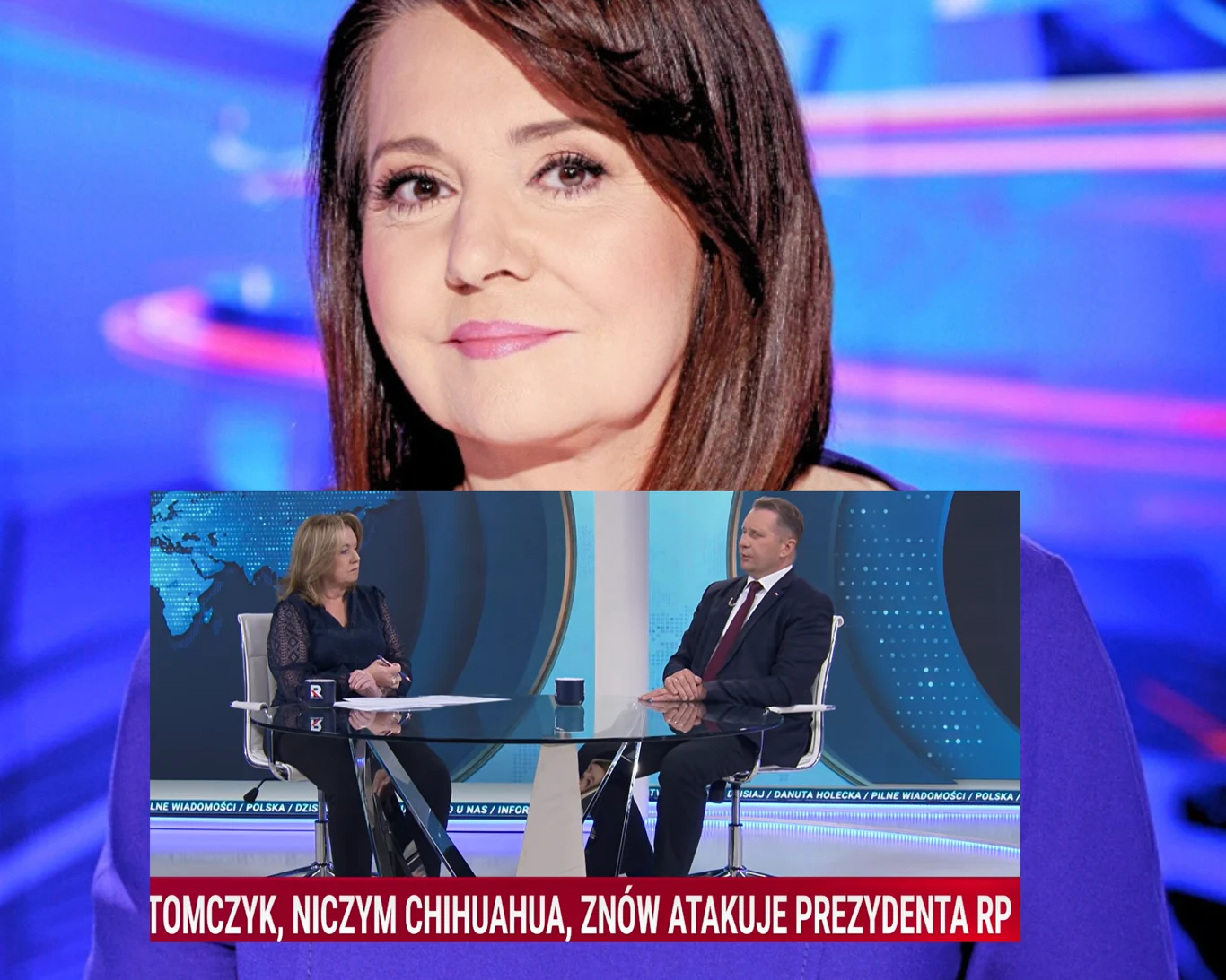 Danuta Holecka reazfuje ws. paska informacyjnego Kobieta o brązowych włosach na kolorowym tle studia telewizyjnego oraz fragment programu publicystycznego, w którym dwie osoby siedzą naprzeciw siebie przy przezroczystym stole, a na dole wyświetlony jest pasek z napisem o politycznym charakterze.