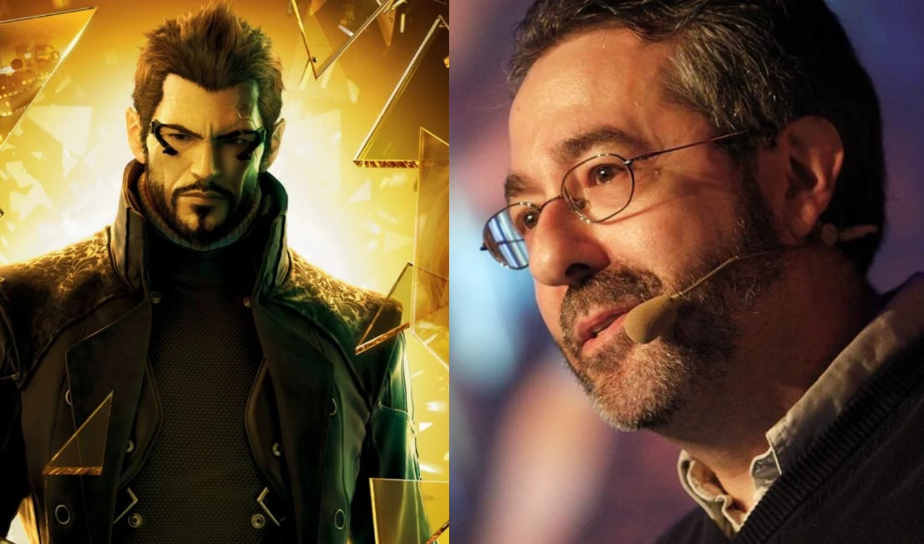 Warren Spector to ikona branży gier. Odchodzi na emeryturę po ponad czterech dekadach pracy Po lewej postać z gry cyberpunkowej z zarostem i okularami, po prawej Warren Spector przy mikrofonie.