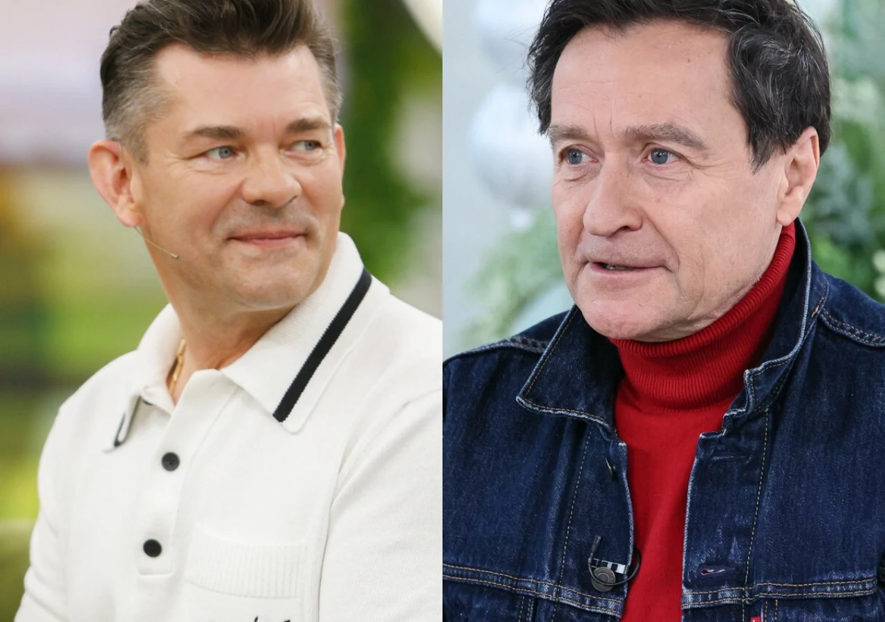 Zenon Martyniuk, Jacek Kawalec Zenon Martyniuk w białej koszuli oraz Jacek Kawalec w dżinsowej kurtce i czerwonym golfie.