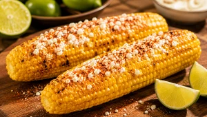 Elote, czyli grillowana lub przypiekana kolba kukurydzy z kremowym sosem, serem, chili i limonką