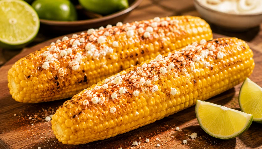 Elote, czyli grillowana lub przypiekana kolba kukurydzy z kremowym sosem, serem, chili i limonką