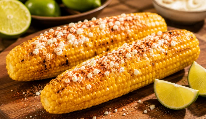 Elote, czyli grillowana lub przypiekana kolba kukurydzy z kremowym sosem, serem, chili i limonką