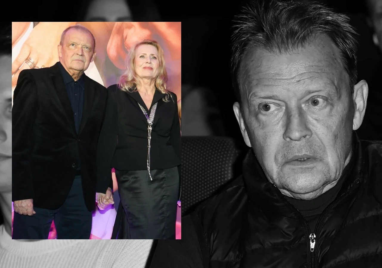 Jan Frycz i Grażyna Szapołowska Starszy mężczyzna i kobieta trzymają się za ręce, ubrani elegancko, patrząc przed siebie; obok portret innego mężczyzny o poważnym wyrazie twarzy.