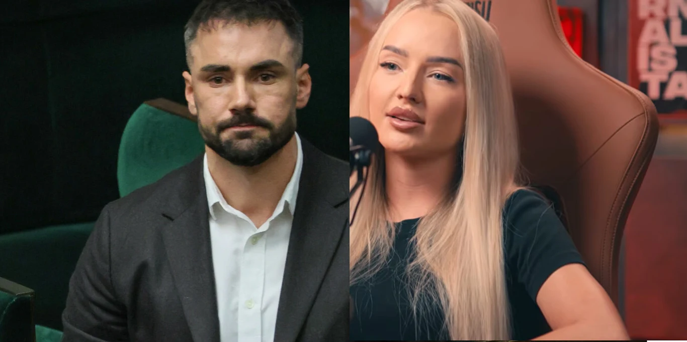 Łukasz Litewka i Natalia Bacławska /fot. EastNews;https://www.youtube.com/@zurnalistapl/ Mężczyzna w garniturze siedzący na zielonym fotelu oraz kobieta z długimi blond włosami mówiąca do mikrofonu podczas rozmowy.