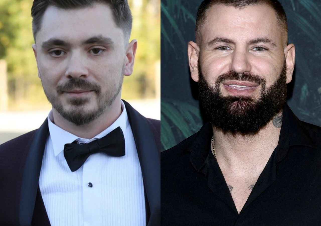 Po lewej stronie mężczyzna w eleganckim smokingu i muszce, z krótką fryzurą oraz subtelnym zarostem, po prawej stronie mężczyzna z ciemną brodą, krótkimi włosami i rozpiętą koszulą, obaj skierowani twarzami w stronę aparatu.