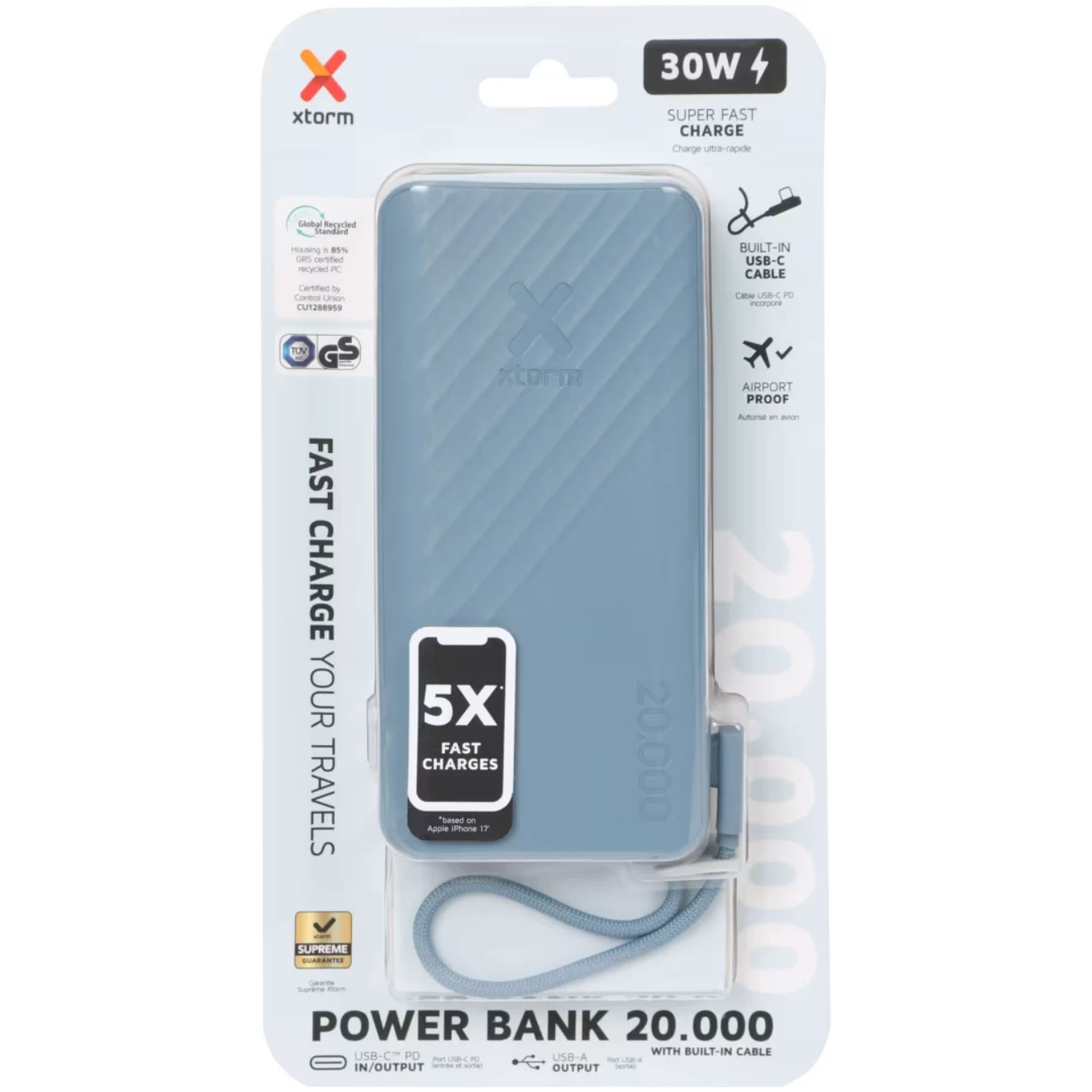 Powerbank Niebieski power bank Xtorm o pojemności 20 000 mAh z funkcją szybkiego ładowania 30W, w zestawie z wbudowanym kablem USB-C i paskiem na nadgarstek, umieszczony w oryginalnym opakowaniu producenta.