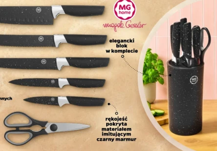 Zestaw noży MG Home za 59 zł Zestaw pięciu noży kuchennych i nożyczek z czarnymi, marmurkowymi rękojeściami, umieszczonych w eleganckim czarnym bloku stojącym na blacie.