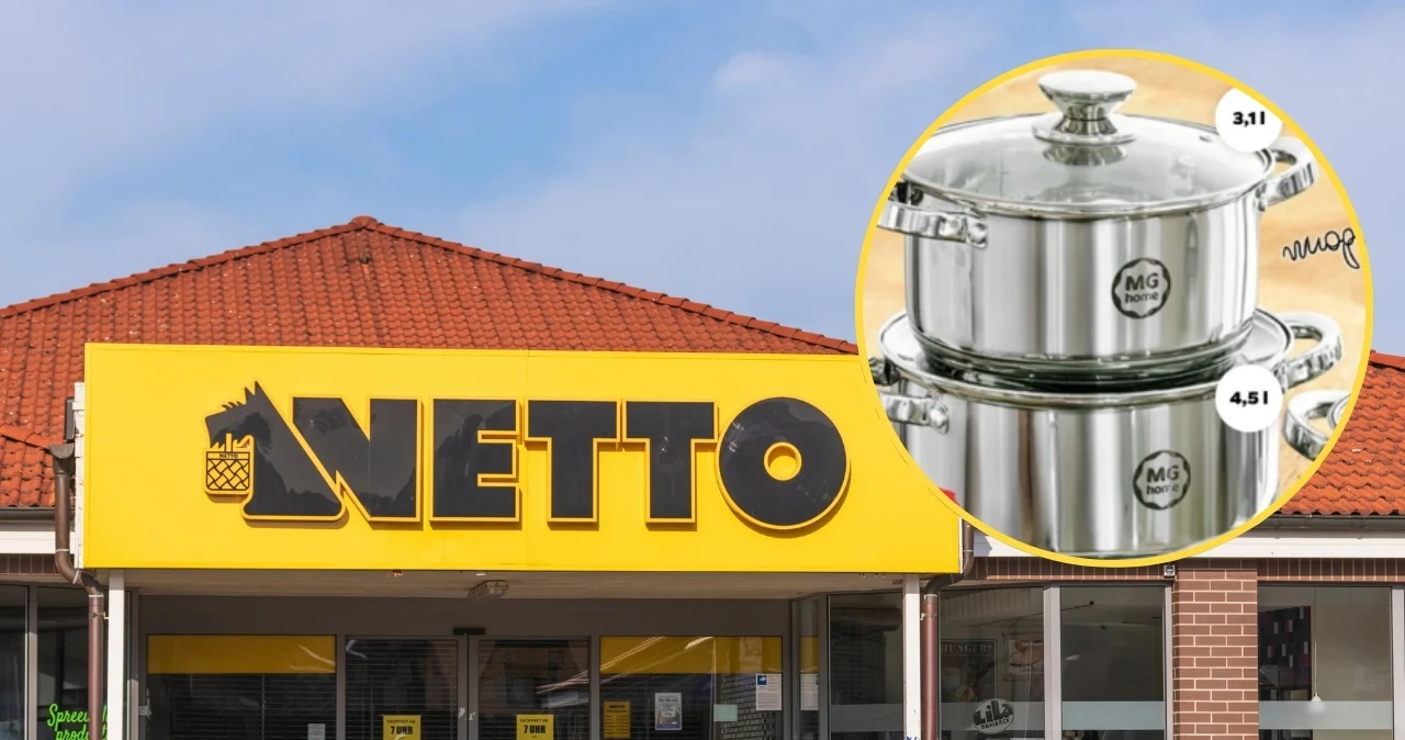 Magda Gessler trafia do Netto. Garnki i patelnie od 25 zł już od jutra Wejście do sklepu Netto z żółtym szyldem oraz komplet stalowych garnków z przezroczystą pokrywką.