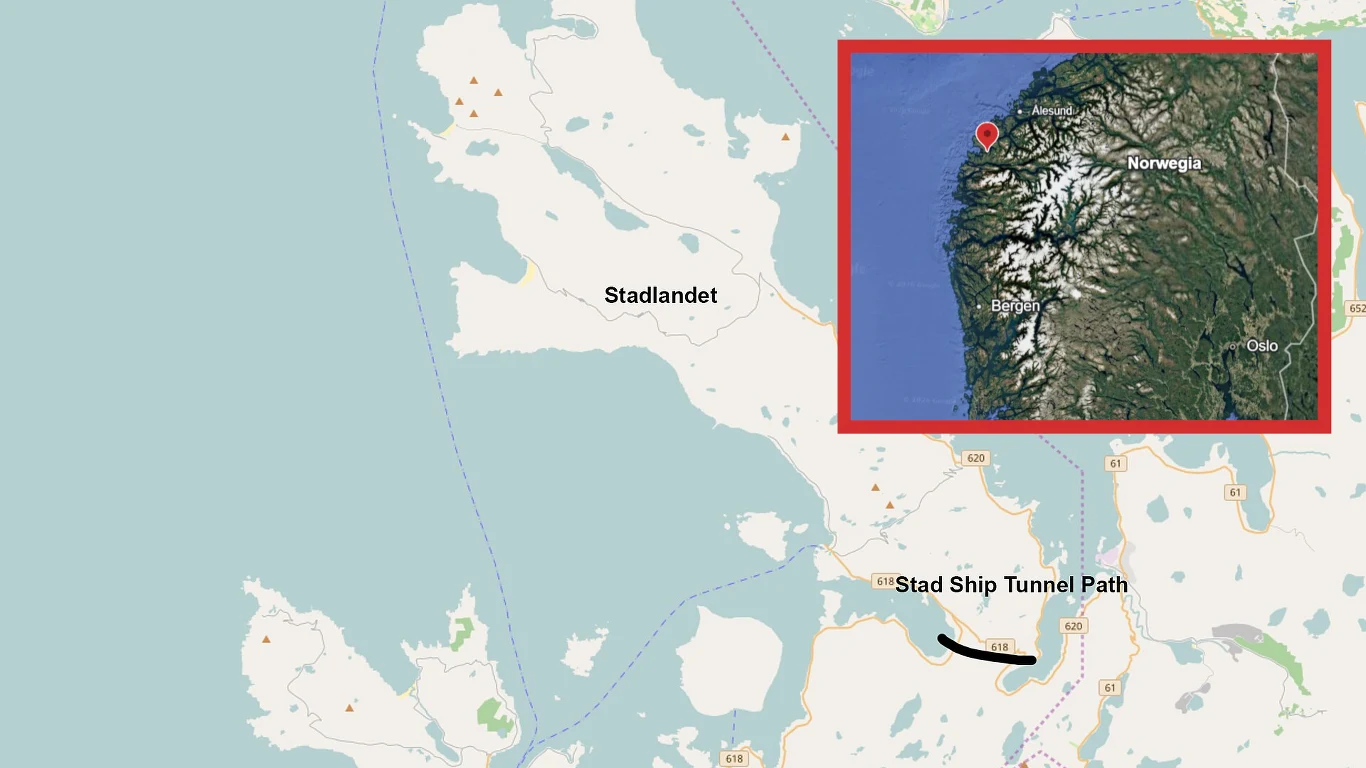 Miejsce przez jakie ma przebiegać tunel na Półwyspie Stad. Mapa przedstawiająca trasę planowanego tunelu dla statków Stad Ship Tunnel na wybrzeżu Norwegii w regionie Stadlandet, z wyróżnioną lokalizacją na tle większego obszaru kraju.