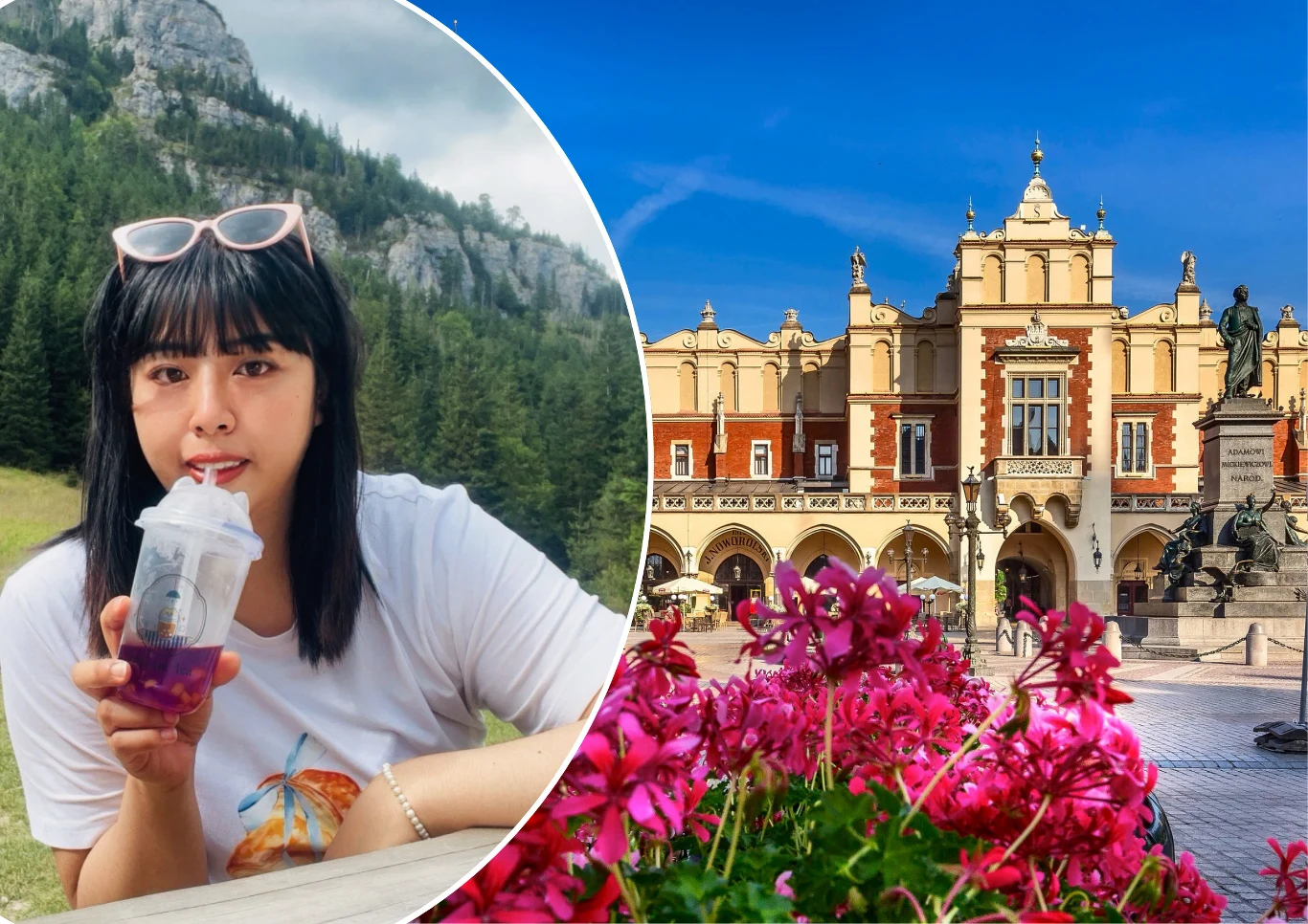 Xiao Yun przyjechała do Krakowa z Tajwanu jako studentka Młoda kobieta z ciemnymi włosami i grzywką trzyma kubek z napojem na tle zielonych gór, obok kolorowe kwiaty i Sukiennice na Rynku Głównym w Krakowie pod błękitnym niebem.