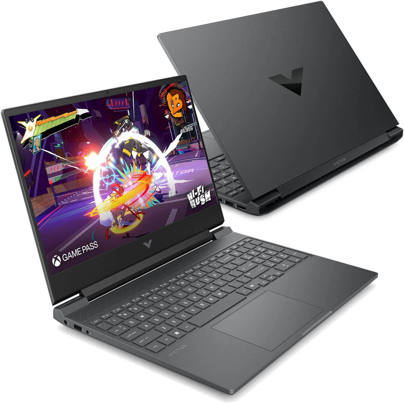 Laptop HP Victus za 3399 zł Dwa czarne laptopy gamingowe z charakterystycznym logo na pokrywie, jeden z wyświetloną dynamiczną grafiką z gry, drugi w pozycji zamkniętej tyłem do widza.