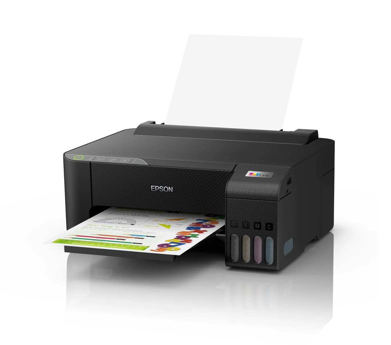 Drukarka EPSON za 599 zł Czarna drukarka atramentowa Epson z systemem ekonomicznych pojemników na tusz, drukująca kolorowy dokument z wykresami i tekstem.