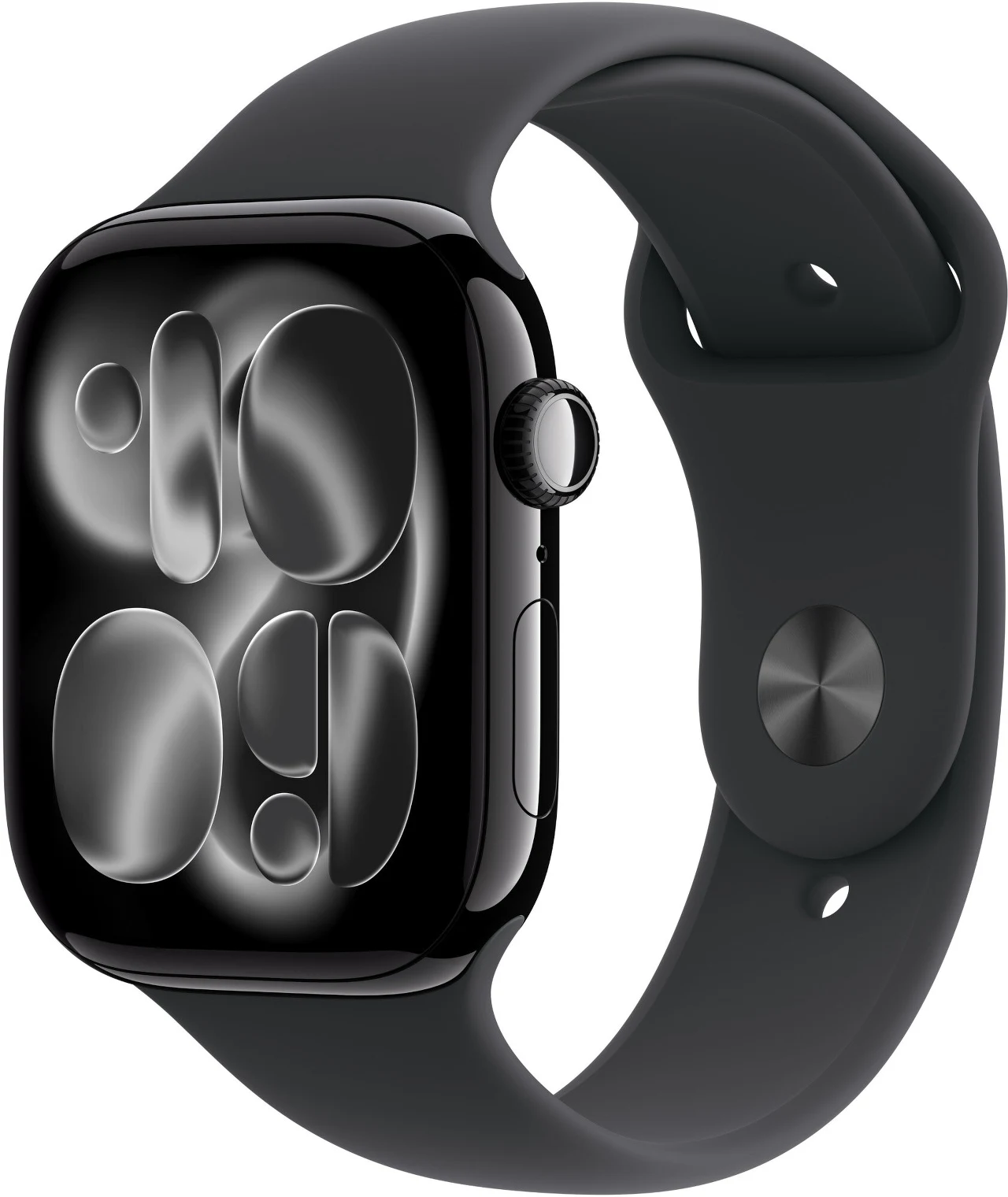 Apple Watch za 1699 zł Czarny smartwatch z silikonowym paskiem, wyświetlający nowoczesną, abstrakcyjną tarczę w odcieniach szarości.