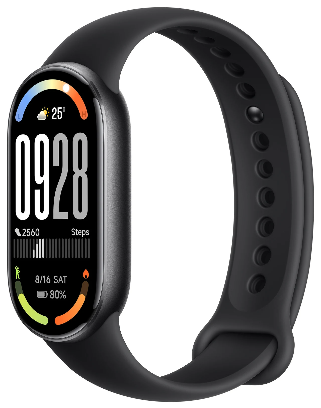 Xiaomi Smart Band 10 za 99 zł Czarny smartwatch z opaską silikonową, wyświetlający godzinę, datę, liczbę kroków, poziom naładowania baterii oraz ikonę pogody na kolorowym ekranie dotykowym.