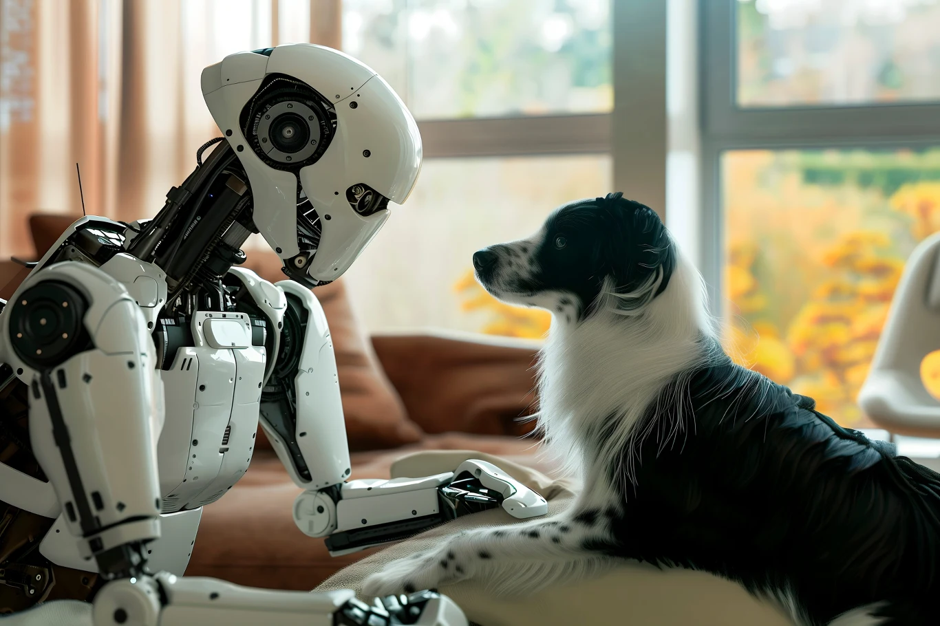 Robot o białej obudowie siedzi naprzeciw czarno-białego psa, oboje patrzą sobie w oczy w domowym wnętrzu.