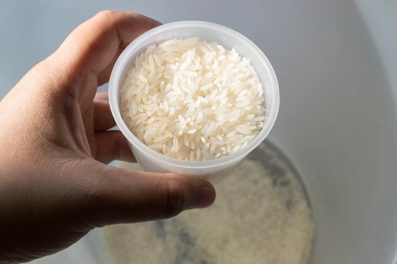 Jak zrobić z ryżu domowy odświeżacz powietrza? Plastikowy kubek z surowym, białym ryżem trzymany nad misą z wodą i ryżem, przygotowanie domowego odświeżacza.