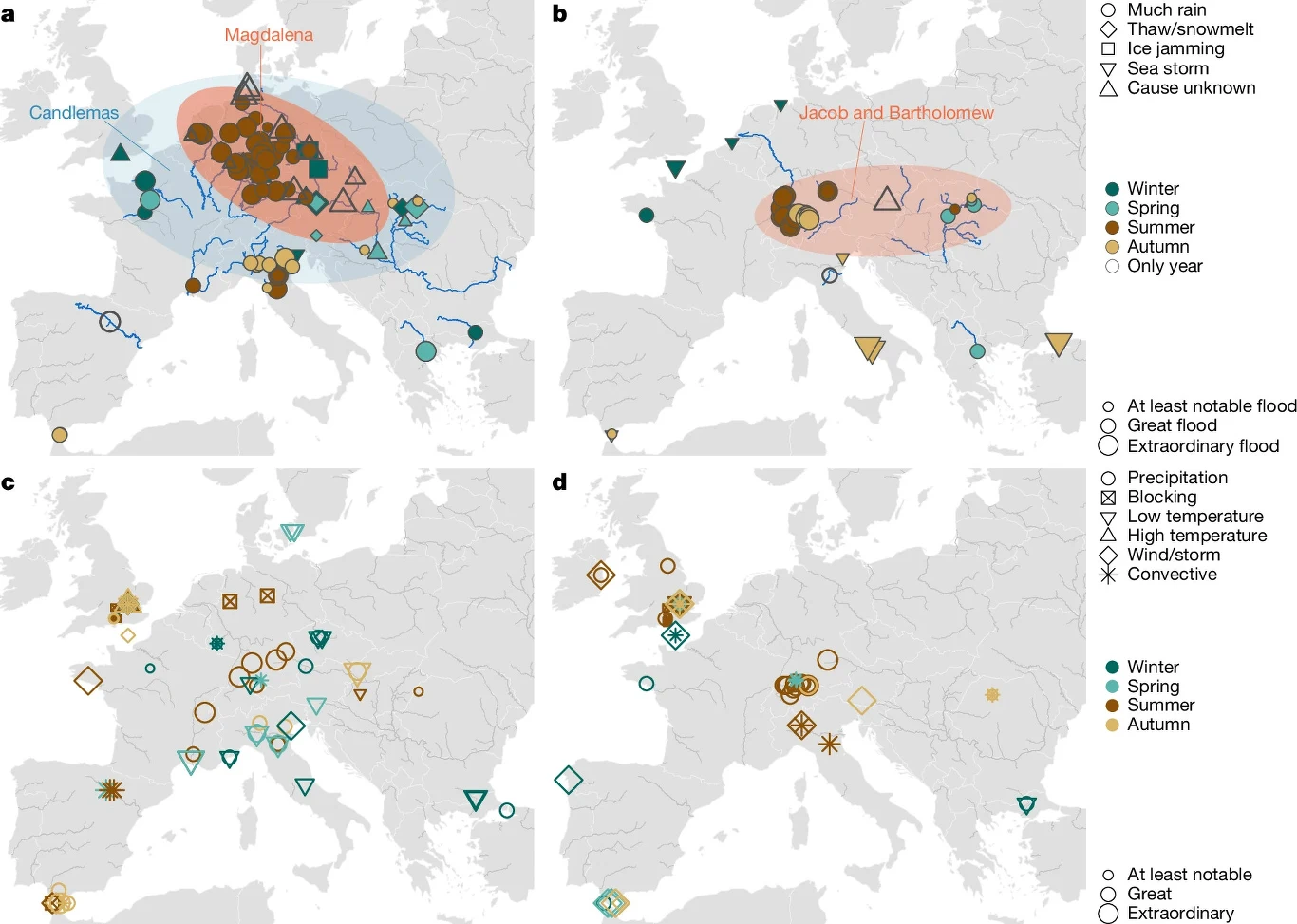 Grafika przedstawia szczegółową mapę rozkładu geograficznego oraz czasowego powodzi i towarzyszących im zjawisk atmosferycznych na terenie Europy w latach 1342 i 1343
