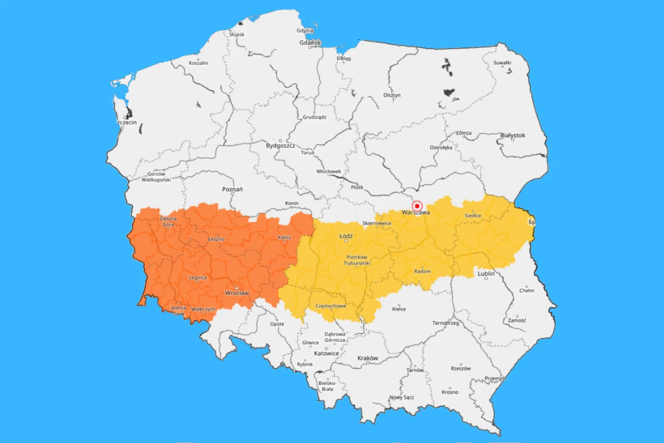 Najsilniejsze burze w nocy ze środy na czwartek przesuną się przez środkową Polskę, niosąc silne ulewy i wichury Mapa Polski z zaznaczonymi województwami w trzech różnych kolorach: zachodnia część kraju wyróżniona na pomarańczowo, centralna na żółto, a pozostała część w kolorze białym, z czerwoną kropką w okolicy Warszawy.