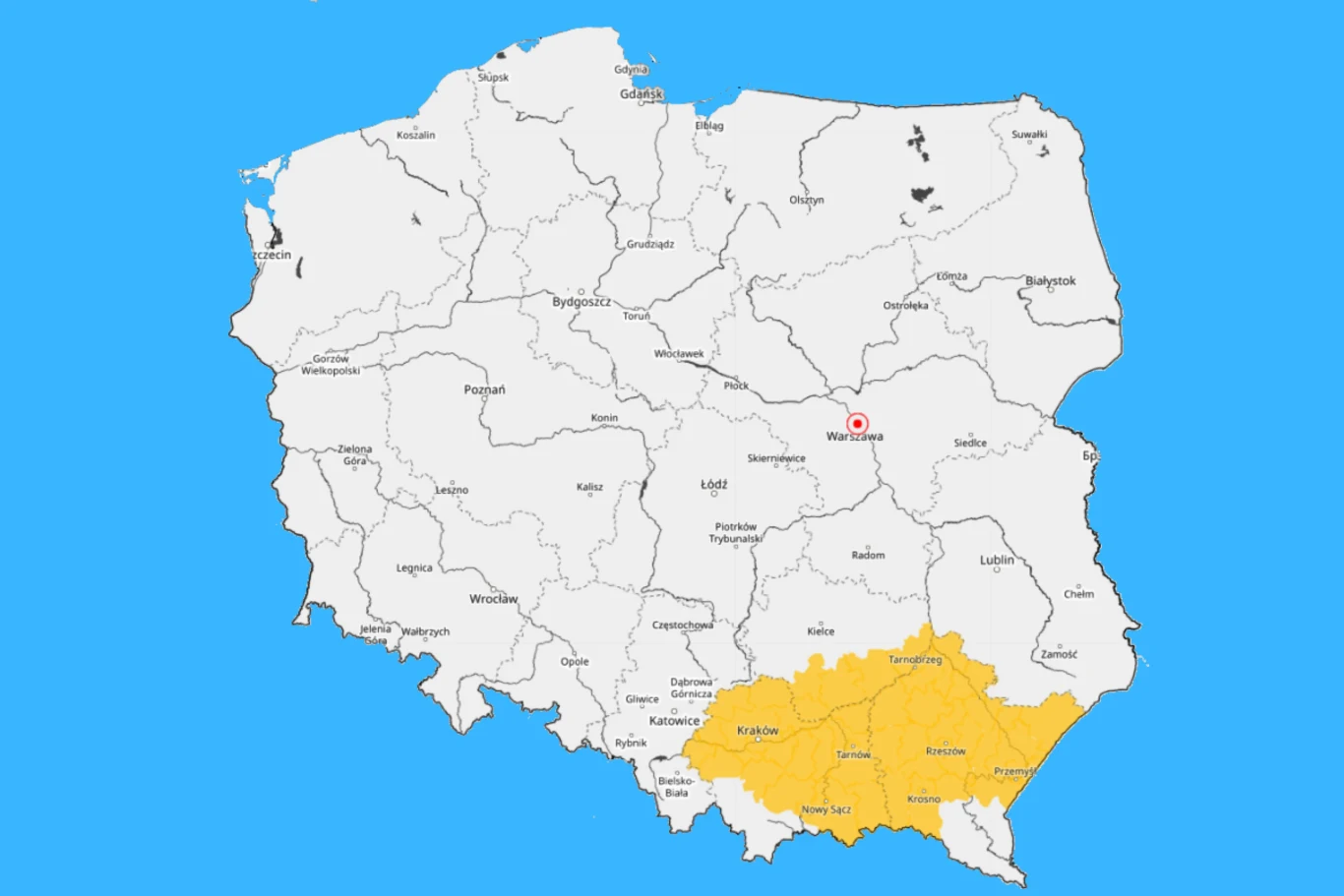 W czwartek upalnie zrobi się miejscami na południowym wschodzie - tam wydano ostrzeżenia pierwszego stopnia z tego powodu Mapa Polski z wyraźnie zaznaczonym na żółto obszarem południowo-wschodniej części kraju, obejmującym województwa małopolskie, podkarpackie i częściowo świętokrzyskie oraz śląskie, z wyraźnymi granicami administracyjnymi i głównymi miastami.