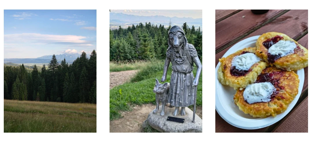 Schronisko na Łapsowej Polanie słynie z doskonałej kuchni Fot.GabrielaWójcik Szeroka panorama gór z linią lasu iglastego na pierwszym planie, drewniana rzeźba postaci z owczą głową i wilkiem u boku otoczona zielenią oraz talerz z trzema plackami ziemniaczanymi podanymi z kwaśną śmietaną i konfiturą.
