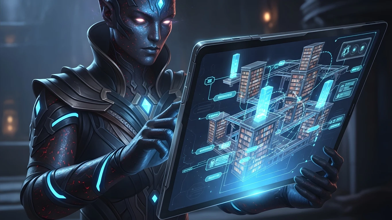 Gry z generatywną AI mają gorsze oceny. Prawdziwy powód może zaskoczyć Postać o futurystycznym, cybernetycznym wyglądzie obsługująca przezroczysty, holograficzny ekran z trójwymiarową wizualizacją skomplikowanych struktur technologicznych i danych.