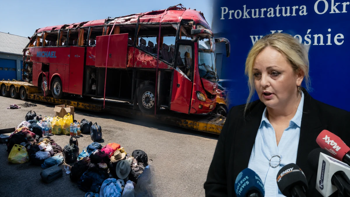 Wypadek polskiego autokaru na Węgrzech. Prokuratura chce przejąć śledztwo Wrak polskiego autokaru po wypadku na Węgrzech oraz rzeczniczka Prokuratury Okręgowej w Krośnie Marta Kolendowska-Matejczuk
