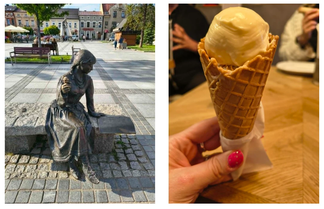 Nowy Targ słynie z pysznych lodów Fot./GabrielaWójcik Metalowa ławeczka z rzeźbą kobiety w sukni siedzącej na rynku miasta oraz ręka trzymająca rożek lodowy z gałką lodów waniliowych.