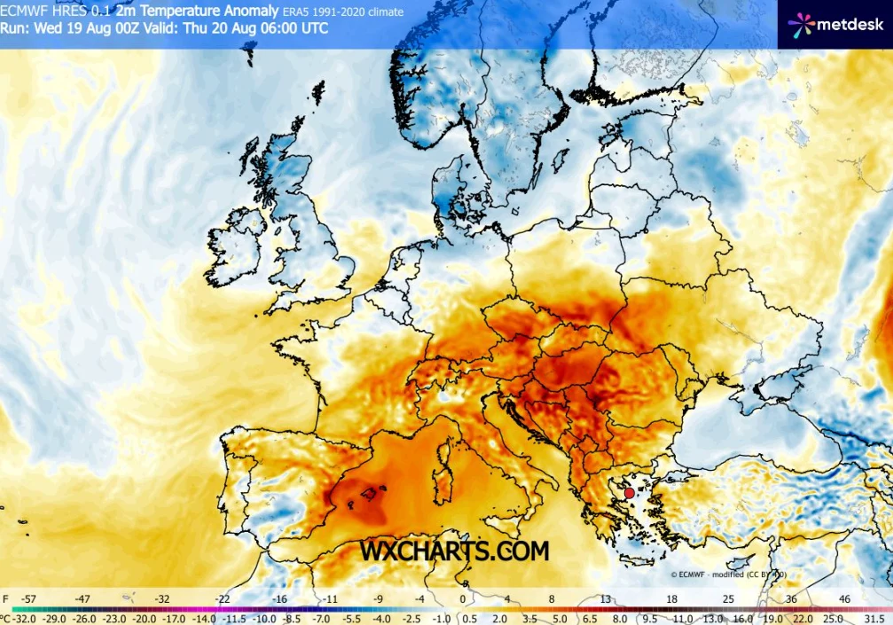 Czwartek będzie wyraźnie cieplejszym dniem, z możliwym upałem na południowym wschodzie Polski Mapa Europy z zaznaczonymi anomaliami temperatury, wskazująca znaczne ocieplenie w środkowej i południowo-wschodniej części kontynentu, obejmujące głównie Niemcy, Polskę, Czechy, Austrię, Węgry i Bałkany, podczas gdy zachodnie i północne krańce mają ne...