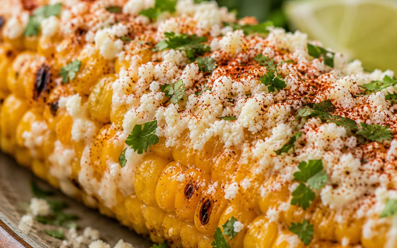 Elote Grillowana kolba kukurydzy posypana serem, świeżą kolendrą i przyprawami, obok widoczny kawałek limonki.