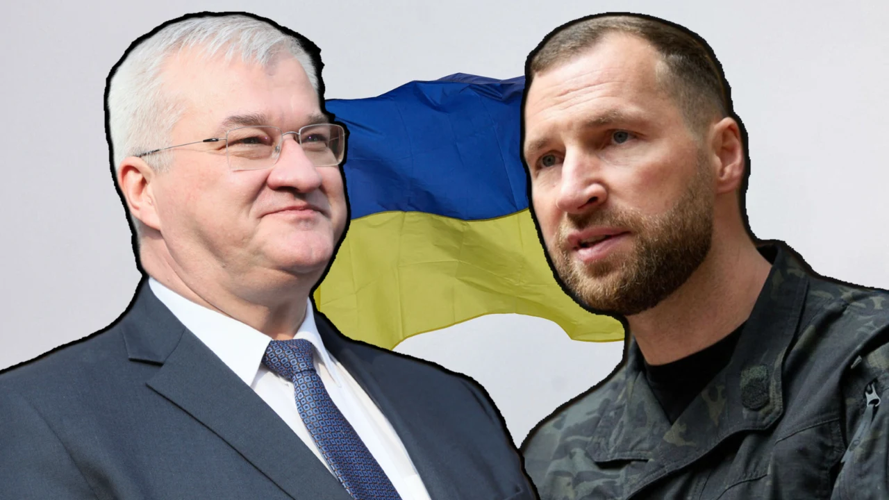 Ukraina. Andrij Sybiha ministrem spraw zagranicznych, Jewhenij Chmara ministrem obrony Andrij Sybiha i Jewhenij Chmara na tle flagi Ukrainy.