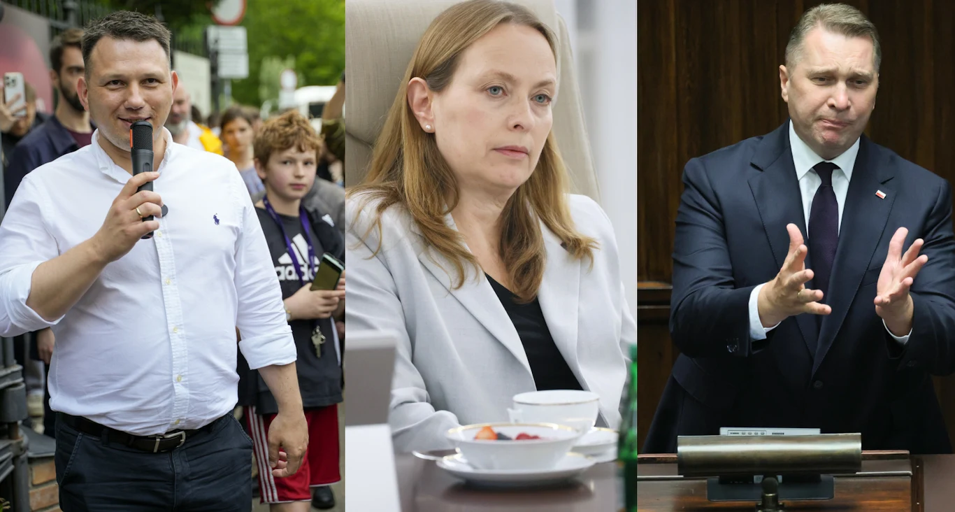 Sławomir Mentzen, Katarzyna Pełczyńska-Nałęcz, Przemysław Czarnek (fot. Aliaksandr Valodzin/East News/ Wojciech Olkusnik/East News /Grzegorz Wajda/REPORTER) Trzy osoby w różnych sytuacjach: mężczyzna przemawiający na zewnątrz z mikrofonem, kobieta siedząca przy stole z filiżanką i talerzem, mężczyzna w garniturze gestykulujący podczas wypowiedzi na mównicy.