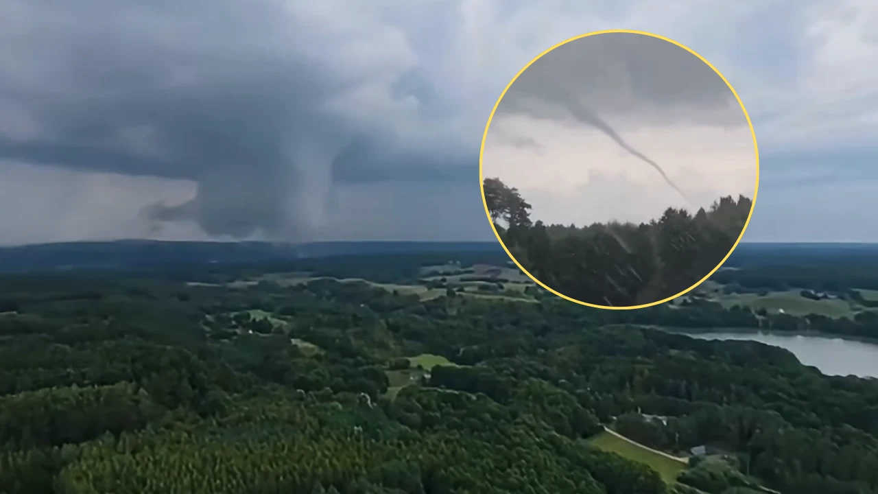 Trąba powietrzna w okolicy Górzna (woj. kujawsko-pomorskie) Trąba powietrzna w okolicy Górzna, widoczny lejek kondensacyjny, lasy, jezioro i ciemne chmury burzowe.