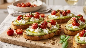 Grzanki z groszkową pastą, pieczonymi pomidorami i burratą