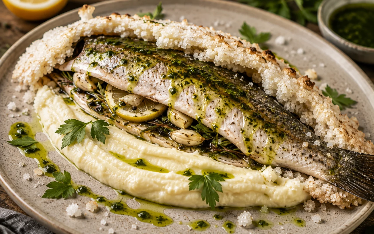 Pstrąg pieczony w soli – na pureé z selera i z oliwą lubczykową Pieczona w soli ryba, z aromatycznymi ziołami i plastrami cytryny, podana na aksamitnym purée z selera oraz skropiona oliwą.