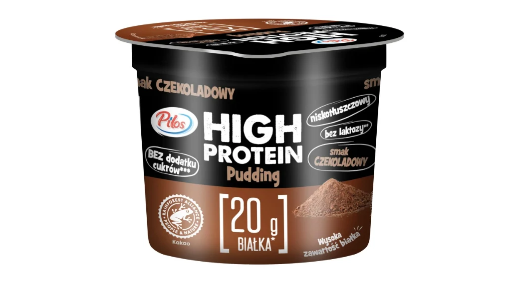 Czekoladowy pudding proteinowy marki Pilos w czarnym opakowaniu, zawierający 20 g białka, bez dodatku cukrów, niskotłuszczowy i bez laktozy.
