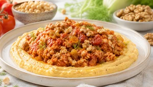 Ragù z kurczaka w sosie pomidorowym z rodzynkami i orzechami, na purée z ciecierzycy i karmelizowanej cebuli