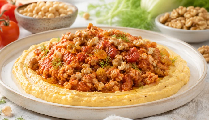 Ragù z kurczaka w sosie pomidorowym z rodzynkami i orzechami, na purée z ciecierzycy i karmelizowanej cebuli