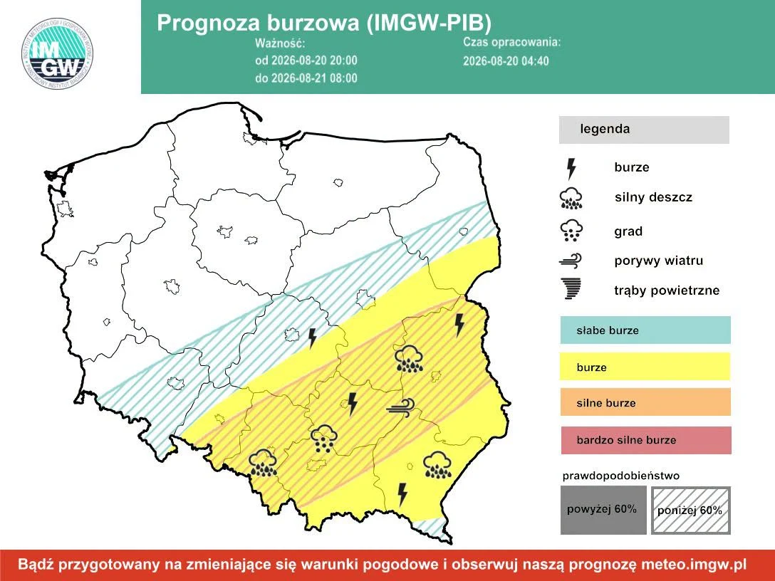 Mapa Polski z prognozą burzową, na której południowo-wschodnia część kraju została oznaczona kolorem żółtym, wskazującym na ryzyko silnych burz, a region centralny delikatnie zaznaczony na niebiesko dla słabszych zjawisk; w legendzie wyjaśnione symbole...