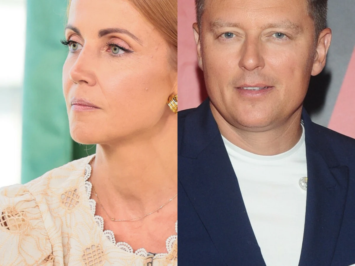 Katarzyna Zielińska i Rafał Brzozowski Katarzyna Zielińska w jasnej bluzce i Rafał Brzozowski w granatowej marynarce, zestawienie portretów na kolorowym tle.