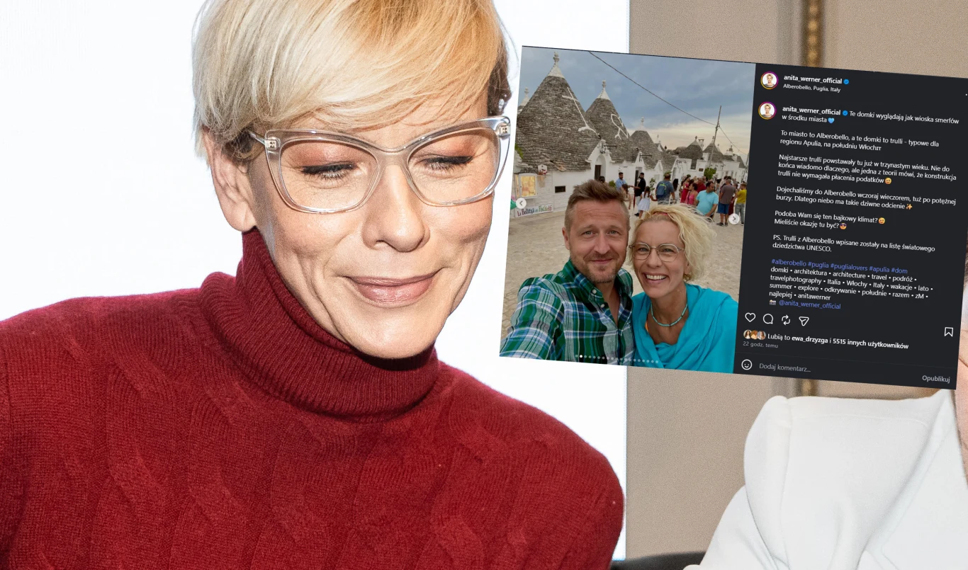 Anita Werner wraz z ukochanym podzielili się swoją radością /https://www.instagram.com/anita_werner_official/ Kobieta w okularach i bordowym golfie z lekkim uśmiechem na twarzy, obok wklejone zdjęcie pary pozującej na tle charakterystycznych stożkowych budynków.