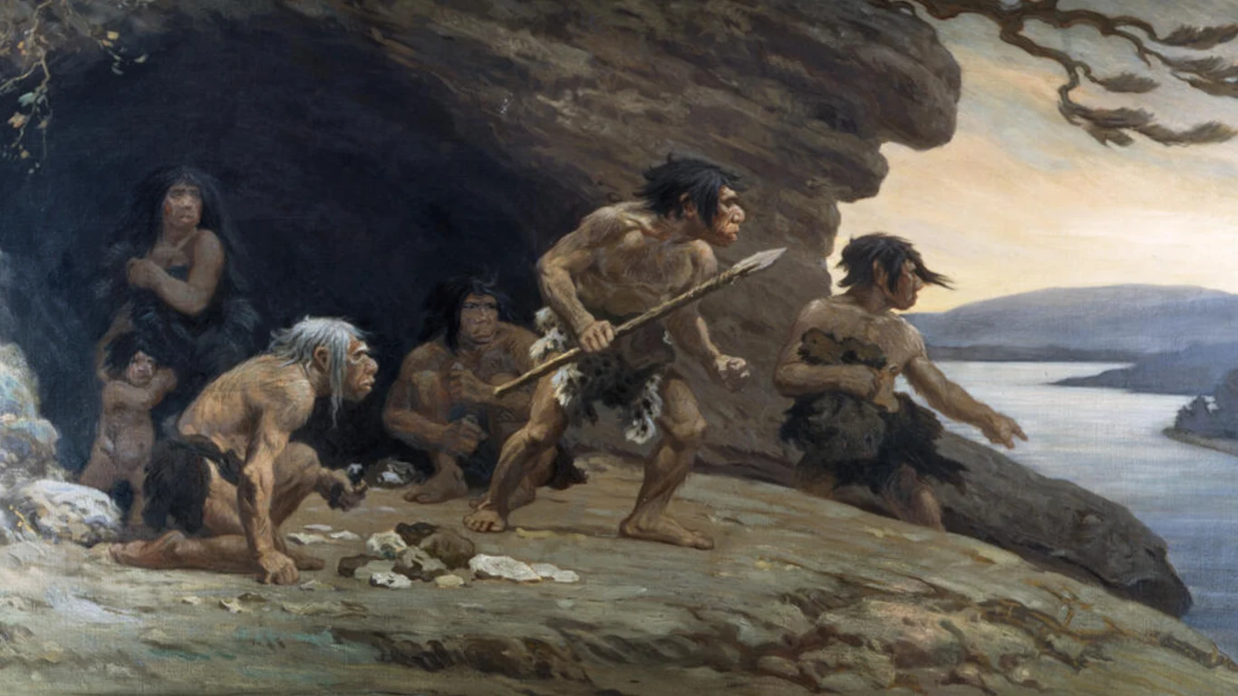 Archeolodzy znaleźli ślady Neandertalczyków w Arabii. Grupa Neandertalczyków z narzędziami i włócznią wychodzi z jaskini na skałach nad rzeką.